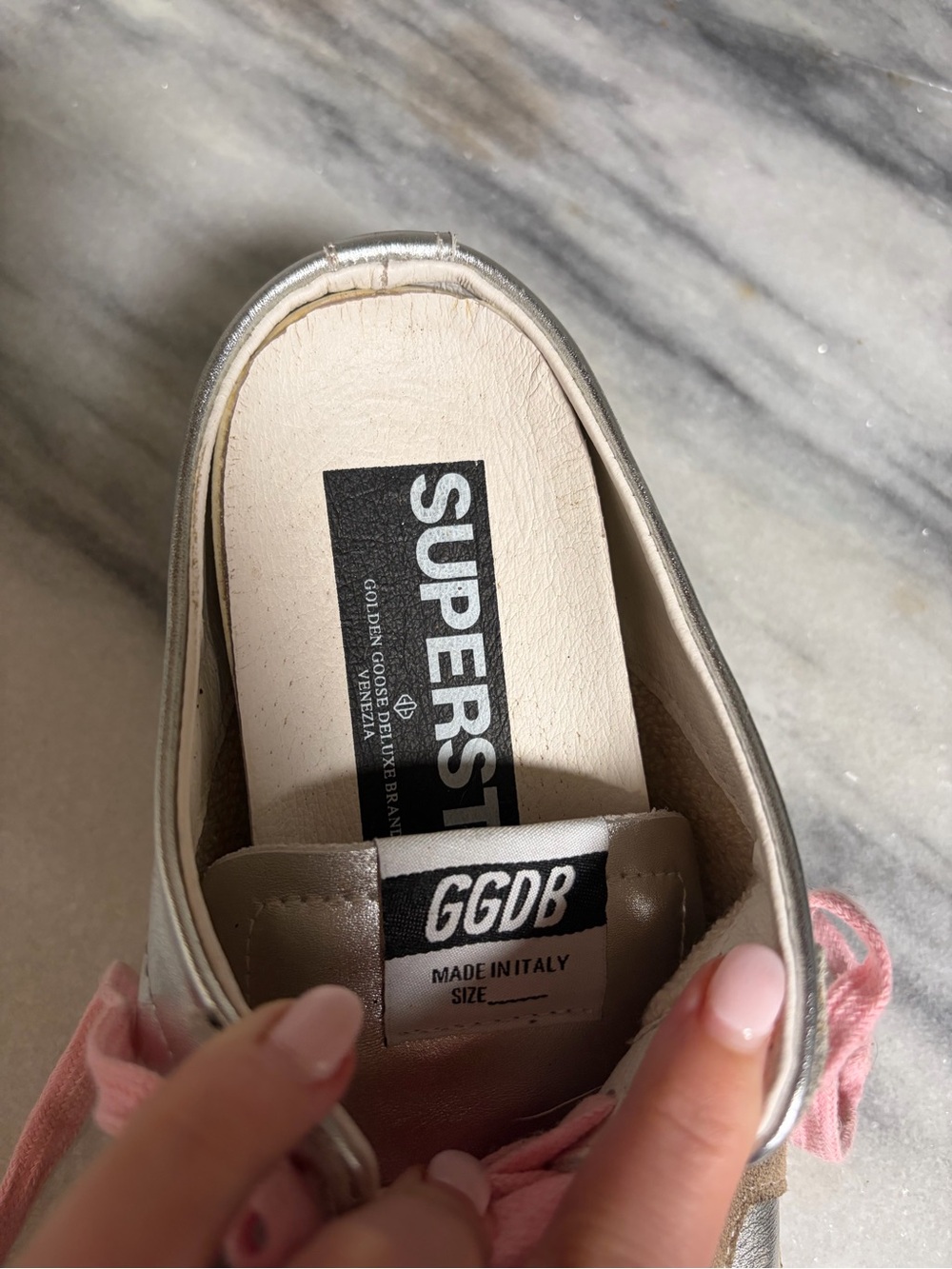Silver Metallic Sneakers with Pink Laces - Super Star Sabot GGDB - Picture 2 of 7
